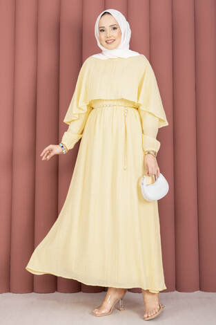 Pelerin Yaka Beli Lastikli Astarlı Yazlık Elbise Sarı - Thumbnail