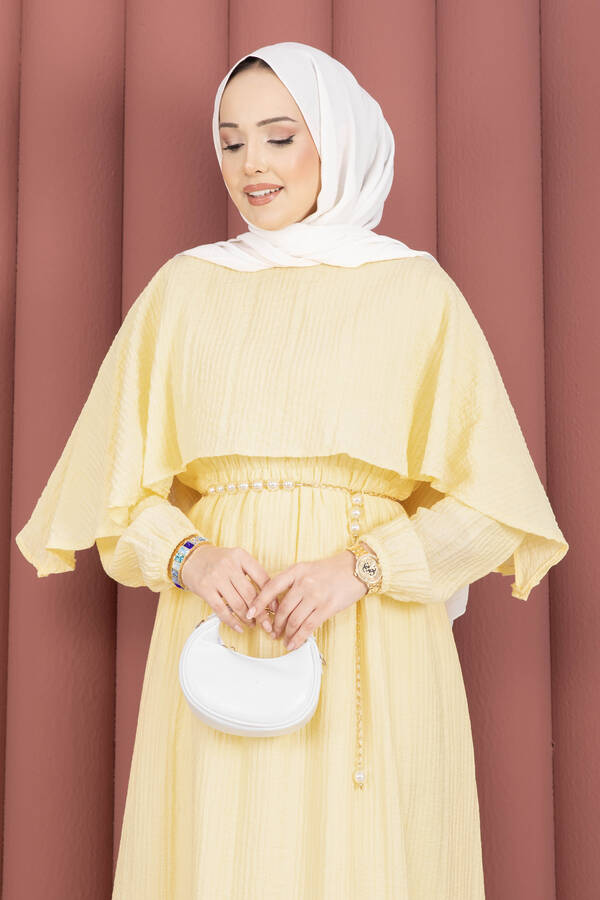 MD - Pelerin Yaka Beli Lastikli Astarlı Yazlık Elbise Sarı (1)