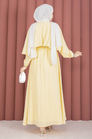 Pelerin Yaka Beli Lastikli Astarlı Yazlık Elbise Sarı - Thumbnail