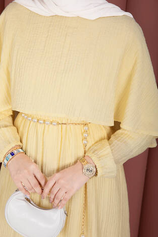 Pelerin Yaka Beli Lastikli Astarlı Yazlık Elbise Sarı - Thumbnail