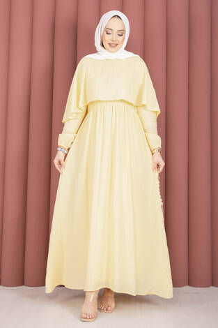 Pelerin Yaka Beli Lastikli Astarlı Yazlık Elbise Sarı - Thumbnail