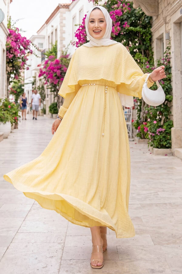 MD - Pelerin Yaka Beli Lastikli Astarlı Yazlık Elbise Sarı