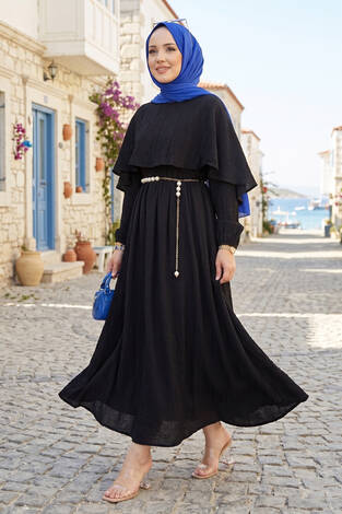 Pelerin Yaka Beli Lastikli Astarlı Yazlık Elbise Siyah - Thumbnail