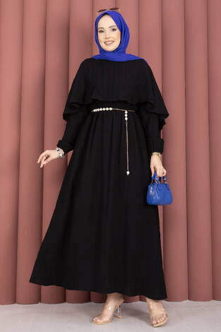 Pelerin Yaka Beli Lastikli Astarlı Yazlık Elbise Siyah - Thumbnail