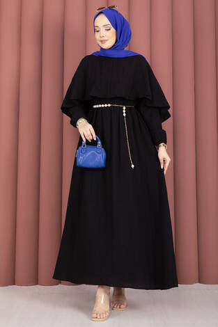 Pelerin Yaka Beli Lastikli Astarlı Yazlık Elbise Siyah - Thumbnail