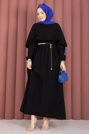 Pelerin Yaka Beli Lastikli Astarlı Yazlık Elbise Siyah - Thumbnail