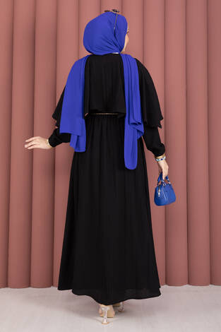 Pelerin Yaka Beli Lastikli Astarlı Yazlık Elbise Siyah - Thumbnail