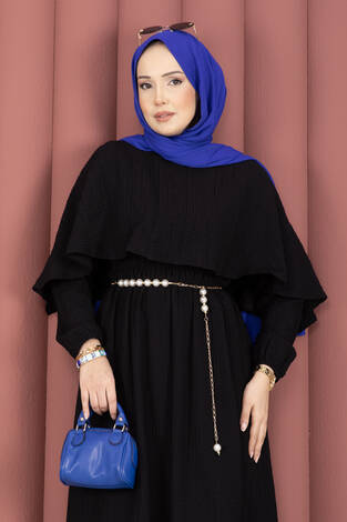 Pelerin Yaka Beli Lastikli Astarlı Yazlık Elbise Siyah - Thumbnail