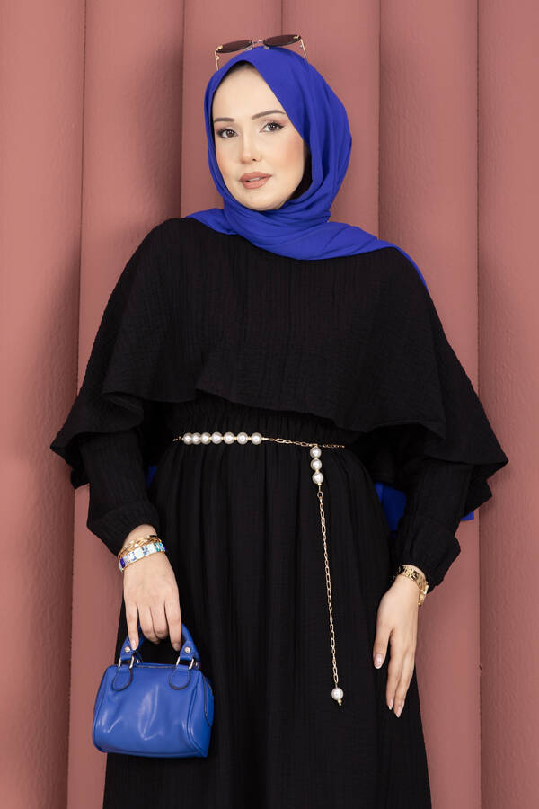 MD - Pelerin Yaka Beli Lastikli Astarlı Yazlık Elbise Siyah (1)