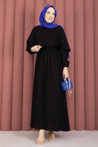 Pelerin Yaka Beli Lastikli Astarlı Yazlık Elbise Siyah - Thumbnail