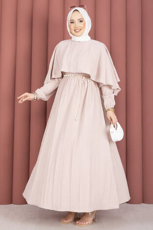 Pelerin Yaka Beli Lastikli Astarlı Yazlık Elbise Vizon - Thumbnail