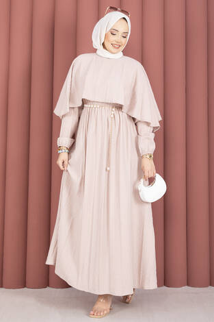 Pelerin Yaka Beli Lastikli Astarlı Yazlık Elbise Vizon - Thumbnail