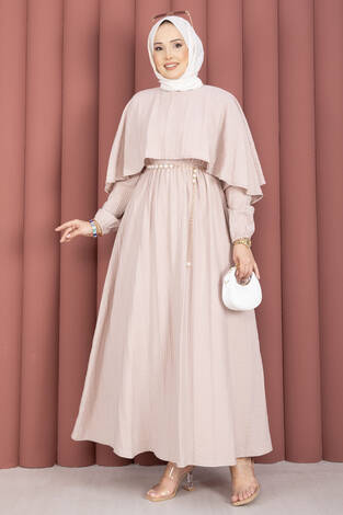 Pelerin Yaka Beli Lastikli Astarlı Yazlık Elbise Vizon - Thumbnail