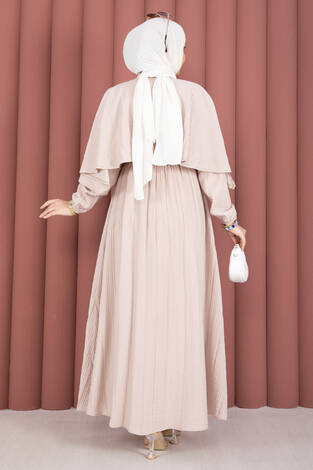 Pelerin Yaka Beli Lastikli Astarlı Yazlık Elbise Vizon - Thumbnail