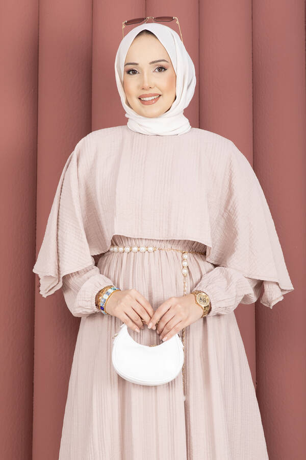 MD - Pelerin Yaka Beli Lastikli Astarlı Yazlık Elbise Vizon (1)