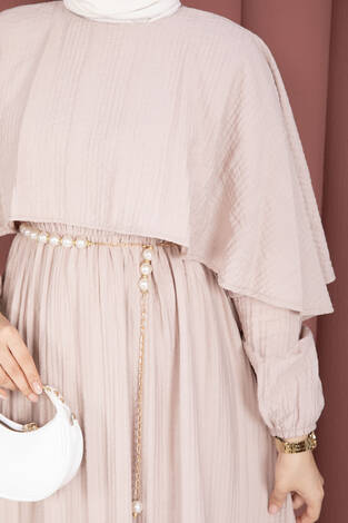 Pelerin Yaka Beli Lastikli Astarlı Yazlık Elbise Vizon - Thumbnail