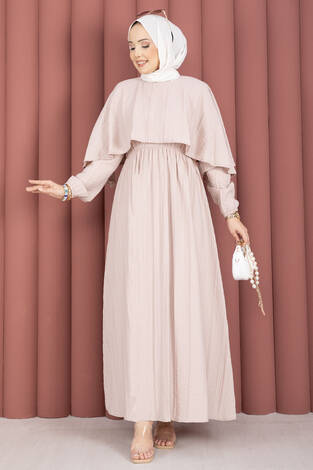 Pelerin Yaka Beli Lastikli Astarlı Yazlık Elbise Vizon - Thumbnail