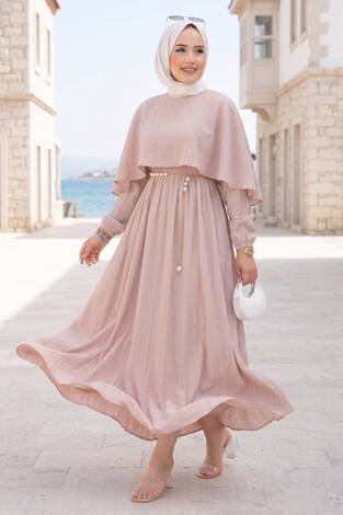 Pelerin Yaka Beli Lastikli Astarlı Yazlık Elbise Vizon