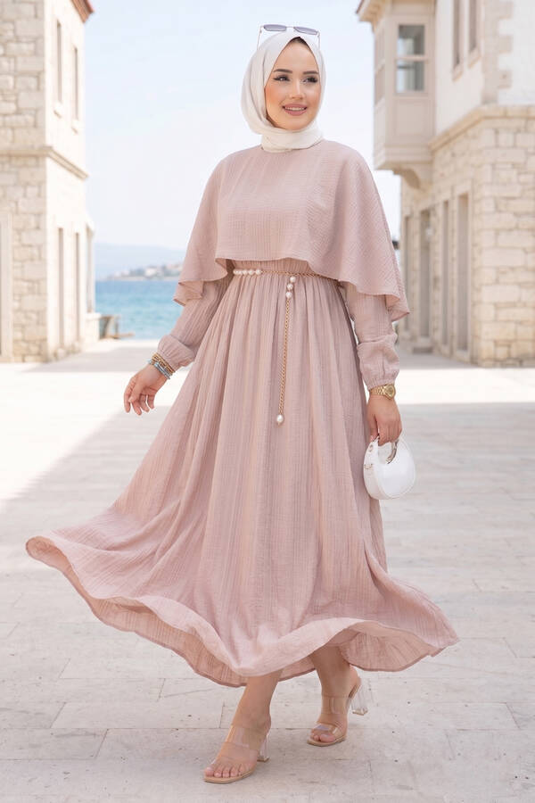MD - Pelerin Yaka Beli Lastikli Astarlı Yazlık Elbise Vizon