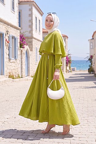 Pelerin Yaka Beli Lastikli Astarlı Yazlık Elbise Yağ Yeşil - 3