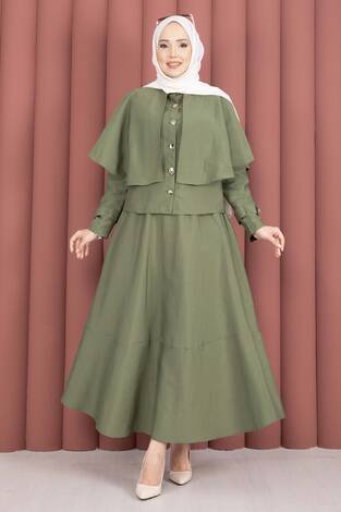 Pelerinli Apolet Detaylı Etekli İkili Takım Haki - Thumbnail