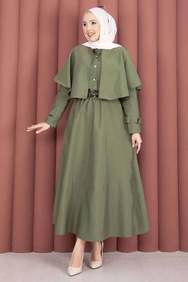 MD - Pelerinli Apolet Detaylı Etekli İkili Takım Haki