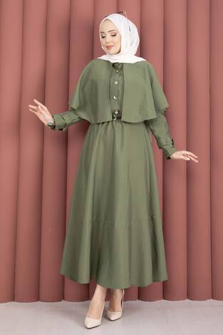 Pelerinli Apolet Detaylı Etekli İkili Takım Haki - Thumbnail