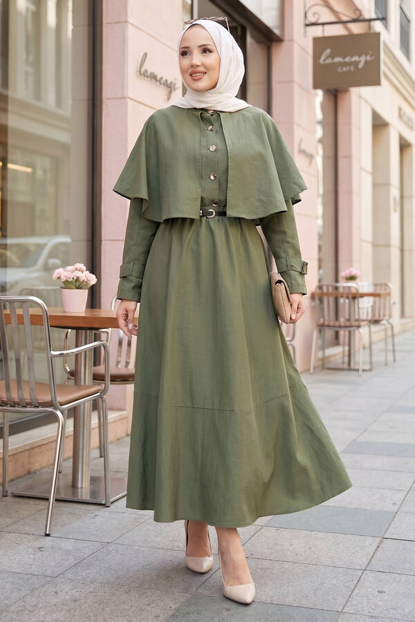 MD - Pelerinli Apolet Detaylı Etekli İkili Takım Haki