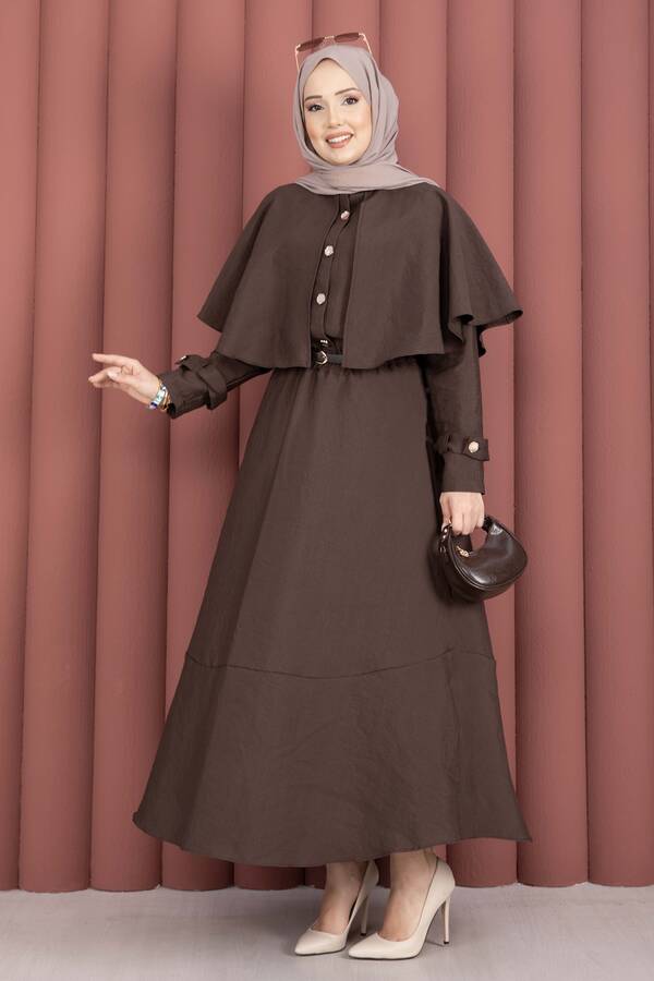 MD - Pelerinli Apolet Detaylı Etekli İkili Takım Kahve