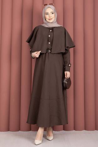 Pelerinli Apolet Detaylı Etekli İkili Takım Kahve - Thumbnail