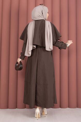 Pelerinli Apolet Detaylı Etekli İkili Takım Kahve - Thumbnail