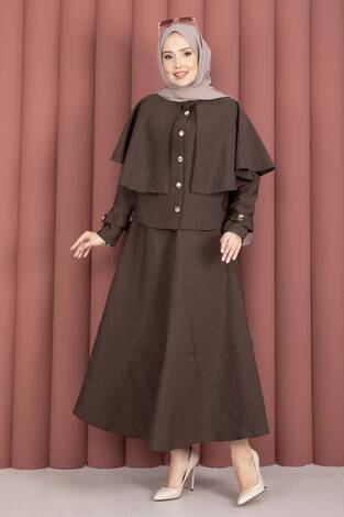 Pelerinli Apolet Detaylı Etekli İkili Takım Kahve - Thumbnail