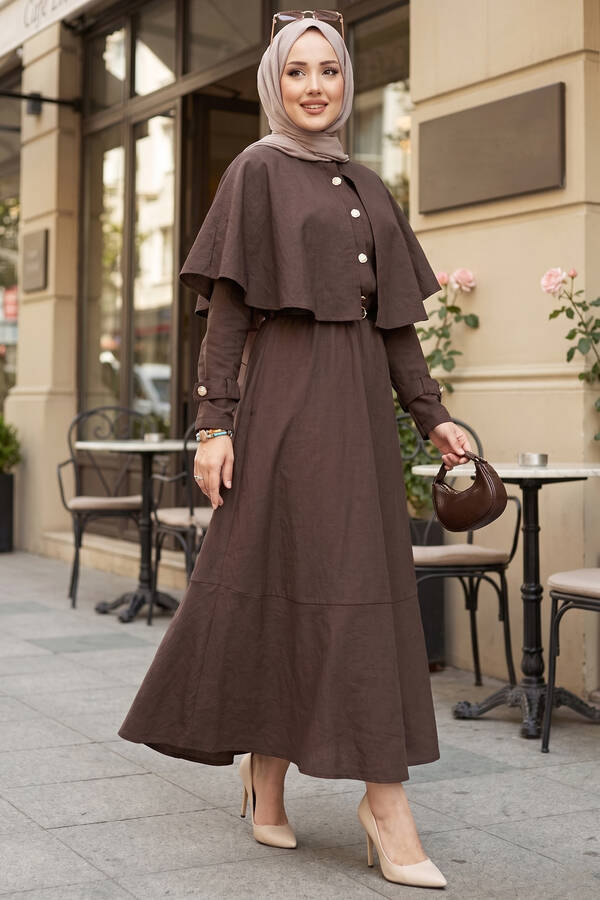 MD - Pelerinli Apolet Detaylı Etekli İkili Takım Kahve