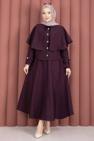 Pelerinli Apolet Detaylı Etekli İkili Takım Mürdüm - Thumbnail