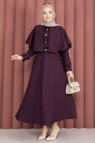 Pelerinli Apolet Detaylı Etekli İkili Takım Mürdüm - Thumbnail