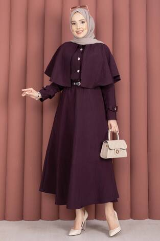 Pelerinli Apolet Detaylı Etekli İkili Takım Mürdüm - Thumbnail