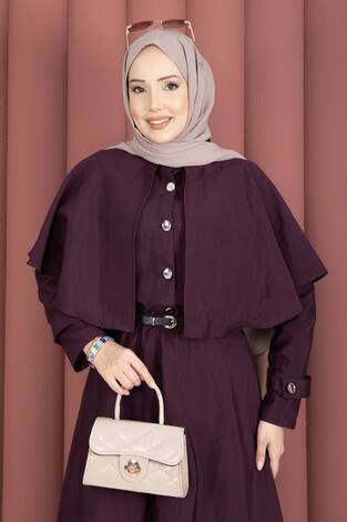 Pelerinli Apolet Detaylı Etekli İkili Takım Mürdüm - Thumbnail