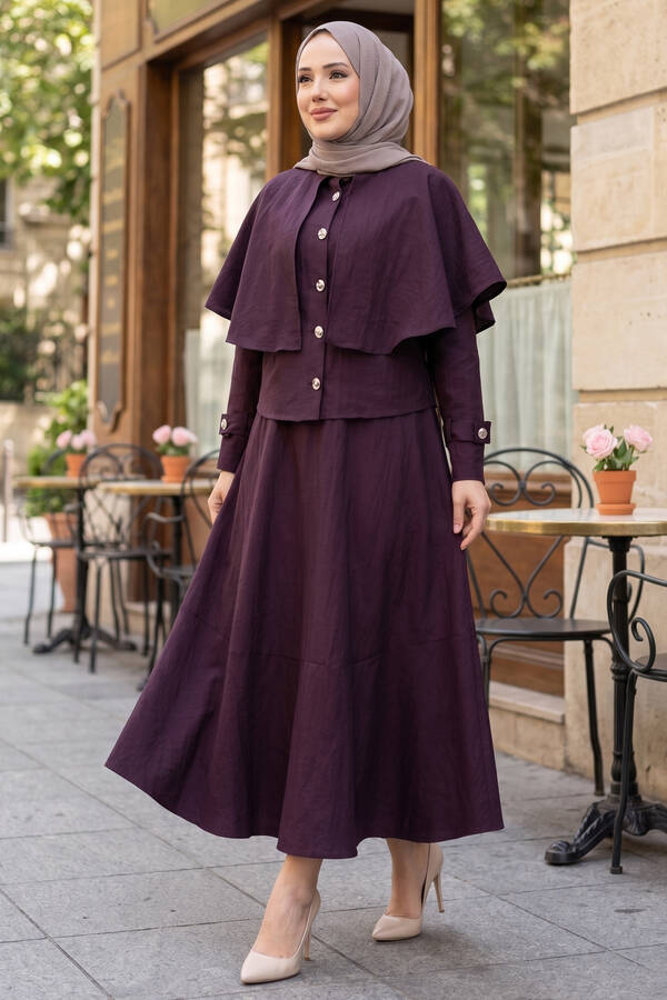 MD - Pelerinli Apolet Detaylı Etekli İkili Takım Mürdüm