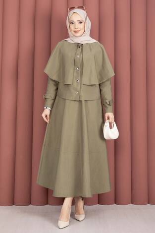 Pelerinli Apolet Detaylı Etekli İkili Takım Olive - Thumbnail