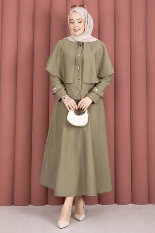 Pelerinli Apolet Detaylı Etekli İkili Takım Olive - Thumbnail