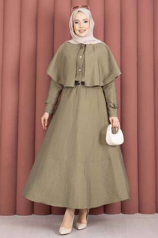 Pelerinli Apolet Detaylı Etekli İkili Takım Olive - Thumbnail