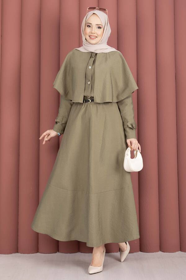 MD - Pelerinli Apolet Detaylı Etekli İkili Takım Olive