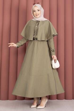 Pelerinli Apolet Detaylı Etekli İkili Takım Olive - Thumbnail