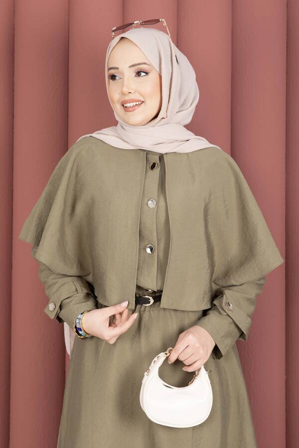 MD - Pelerinli Apolet Detaylı Etekli İkili Takım Olive (1)