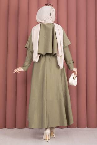 Pelerinli Apolet Detaylı Etekli İkili Takım Olive - Thumbnail