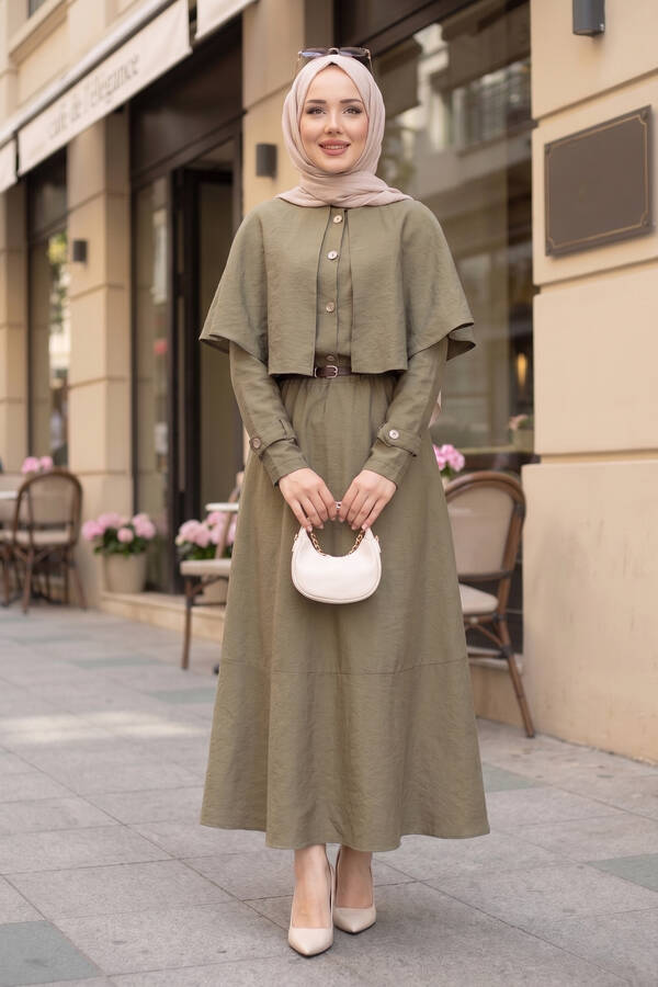 MD - Pelerinli Apolet Detaylı Etekli İkili Takım Olive