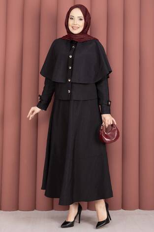 Pelerinli Apolet Detaylı Etekli İkili Takım Siyah - Thumbnail