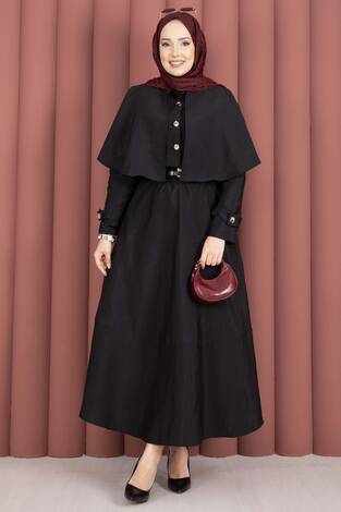 Pelerinli Apolet Detaylı Etekli İkili Takım Siyah - Thumbnail