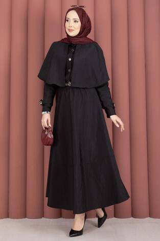 Pelerinli Apolet Detaylı Etekli İkili Takım Siyah - Thumbnail