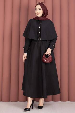 Pelerinli Apolet Detaylı Etekli İkili Takım Siyah - Thumbnail